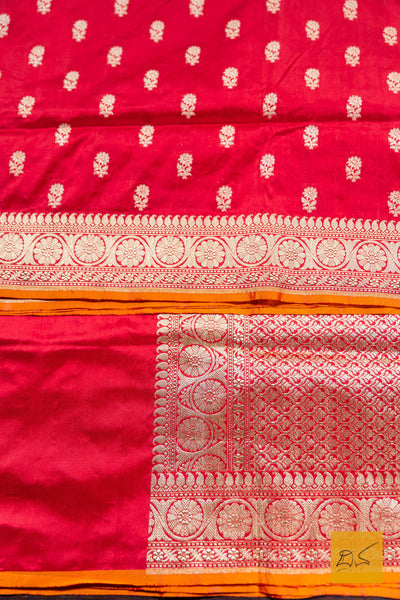 Red - Orange Banarasi Katan Silk Handwoven Saree