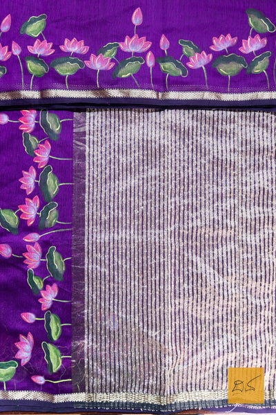 Purple Maheshwari Hand Painted Silk Cotton Handwoven Saree