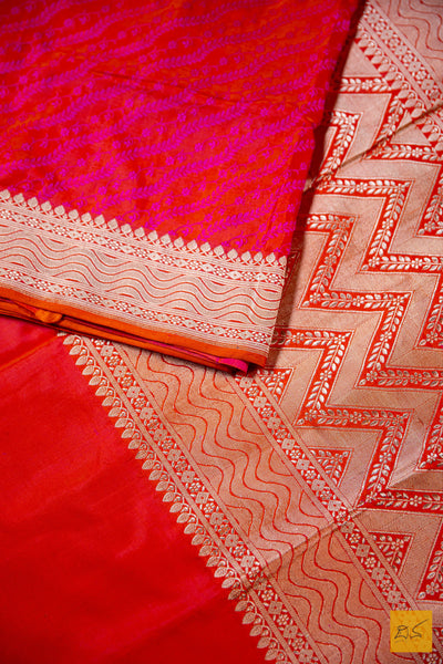 Orange-Pink Banarasi Satin Silk Handwoven Saree