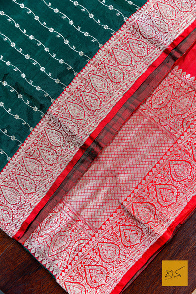 Bottle Green & Red Banarasi Katan Silk Handwoven Saree