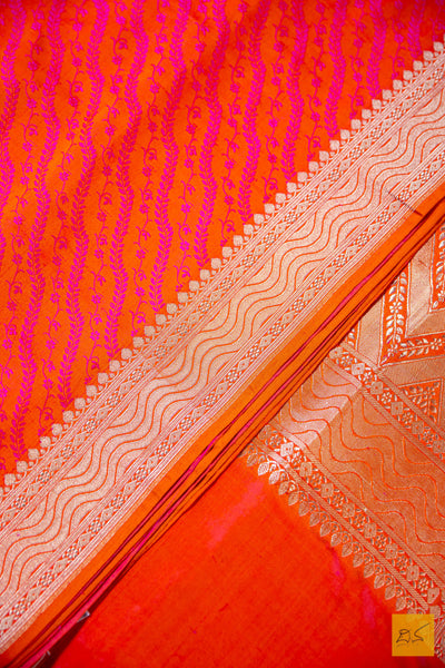 Orange-Pink Banarasi Satin Silk Handwoven Saree