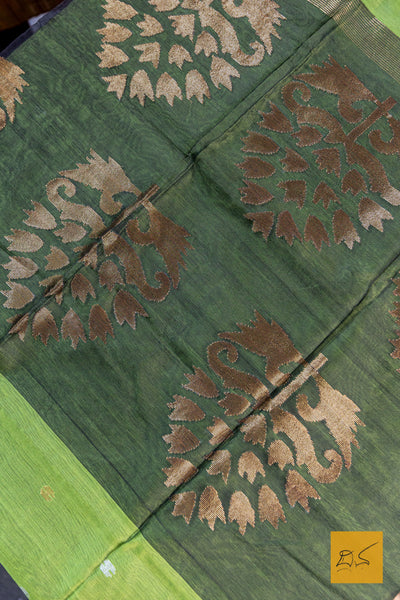 Green Mulberry Silk Cotton Handwoven Saree