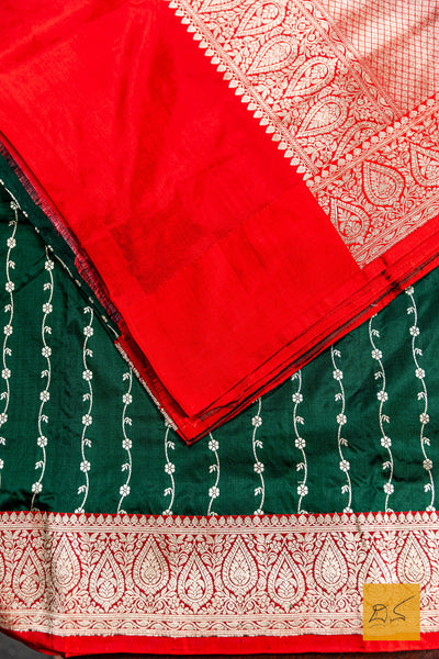 Bottle Green & Red Banarasi Katan Silk Handwoven Saree