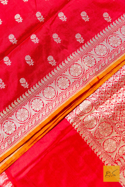 Red - Orange Banarasi Katan Silk Handwoven Saree