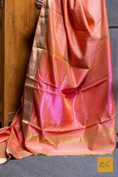 Peach-Pink Maheshwari Silk Handwoven Saree