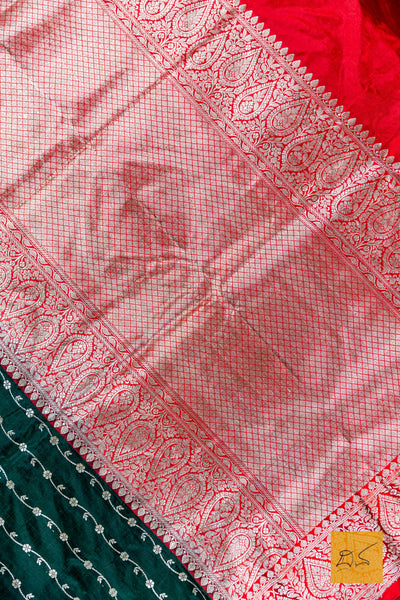 Bottle Green & Red Banarasi Katan Silk Handwoven Saree