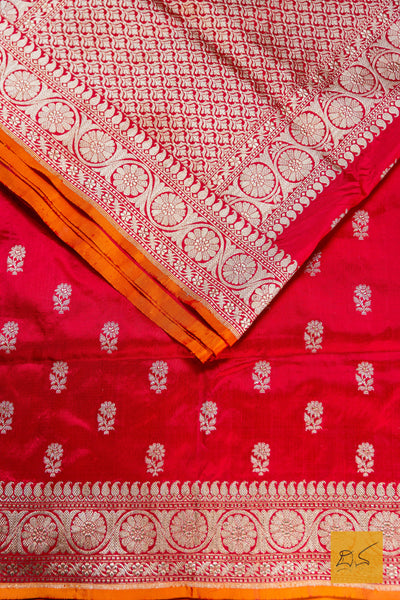 Red - Orange Banarasi Katan Silk Handwoven Saree