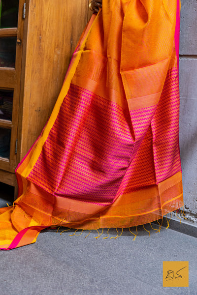 Yellow-Pink Maheshwari Silk Cotton Handwoven Saree