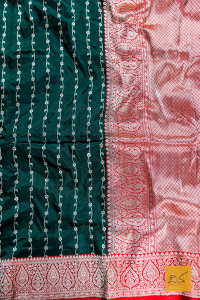 Bottle Green & Red Banarasi Katan Silk Handwoven Saree