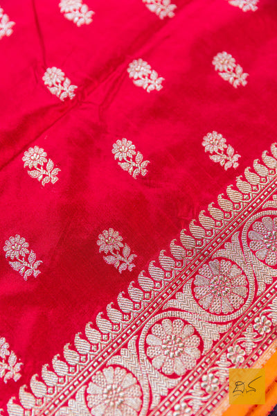 Red - Orange Banarasi Katan Silk Handwoven Saree