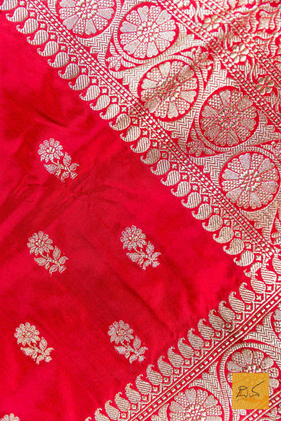 Red - Orange Banarasi Katan Silk Handwoven Saree