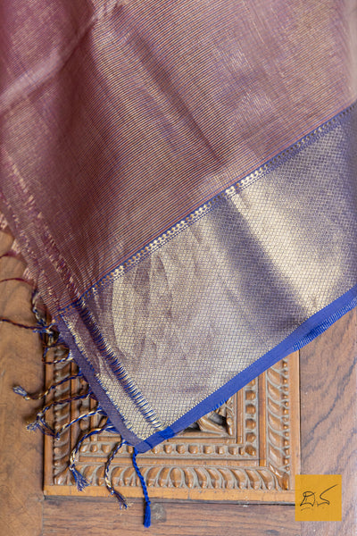 Brown-Blue Maheshwari Silk Cotton Handwoven Saree