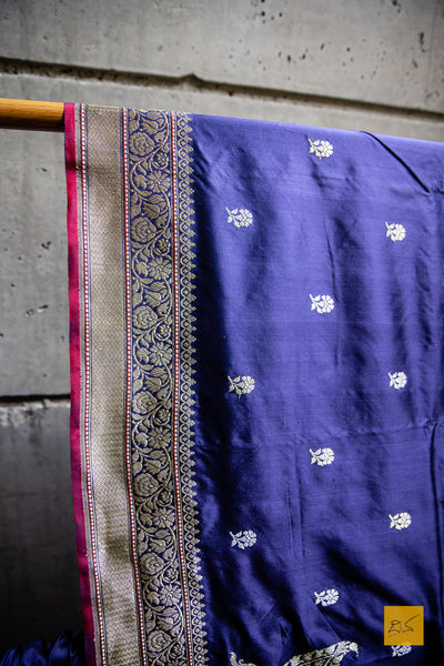 You are a fragrant flower! Presenting this beautiful banarasi handwoven saree with woven kadhwa buttas and koniya. Timeless classic!
