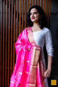 Enchanting Pink Handwoven Chanderi Silk Dupatta with Meenakari Buttas