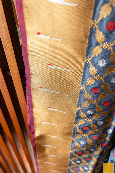 This is a gorgeous Banarasi katan silk handwoven saree with paithani muniya border and intricate kadhwa weave and meenakari buttas. New trend of Silk Saree designs, Silk Saree for artists, art lovers, architects, saree lovers, Saree connoisseurs, musicians, dancers, doctors, Silk Saree, indian saree images, latest sarees with price, only saree images, new Silk saree design.
