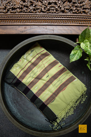 Supraja Hand spun Cotton Handwoven Jamdani Saree. A super soft handspun cotton saree with handwoven jamdani weave. This saree is perfect to be draped the whole day very comfortably.   Fabric- Cotton Colour- Yellow Length- 6.5 m