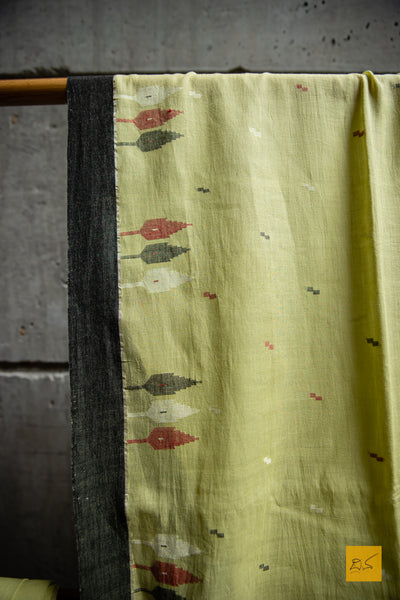 Supraja Hand spun Cotton Handwoven Jamdani Saree. A super soft handspun cotton saree with handwoven jamdani weave. This saree is perfect to be draped the whole day very comfortably.   Fabric- Cotton Colour- Yellow Length- 6.5m