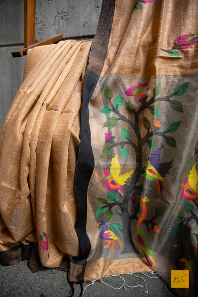 Life in the woods. A super soft matka silk saree with handwoven jamdani weave. Elegant and Sophisticated.   Fabric-Matka silk Colour-Light brown Length- 6.1 m