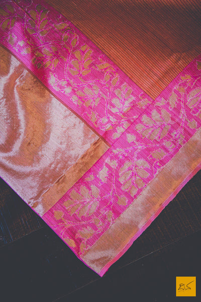 This is a gorgeous Banarasi Silk Saree with Woven Dupion silk stripes and a banarasi traditional pink border. New trend of Banarasi Saree designs, Banarasi Saree for artists, art lovers, architects, saree lovers, Saree connoisseurs, musicians, dancers, doctors, Banarasi silk saree, indian saree images, latest sarees with price, only saree images, new Banarasi saree design.