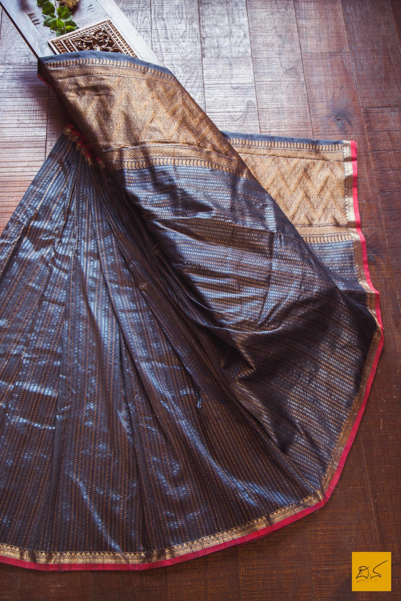 This is a gorgeous Banarasi tussar silk handwoven Saree with silver and gold zari patterned stripes and small border with red selvedge. The blouse is also unique with sona rupa zari patterned stripes. New trend of Banarasi Saree designs, Banarasi Saree for artists, art lovers, architects, saree lovers, Saree connoisseurs, musicians, dancers, doctors, Banarasi silk saree, indian saree images, latest sarees with price, only saree images, new Banarasi saree design.