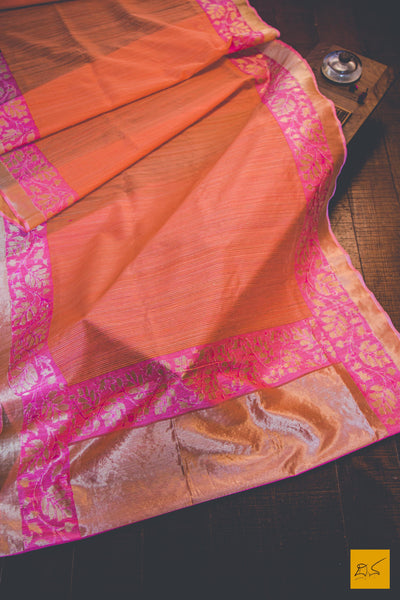 This is a gorgeous Banarasi Silk Saree with Woven Dupion silk stripes and a banarasi traditional pink border. New trend of Banarasi Saree designs, Banarasi Saree for artists, art lovers, architects, saree lovers, Saree connoisseurs, musicians, dancers, doctors, Banarasi silk saree, indian saree images, latest sarees with price, only saree images, new Banarasi saree design.