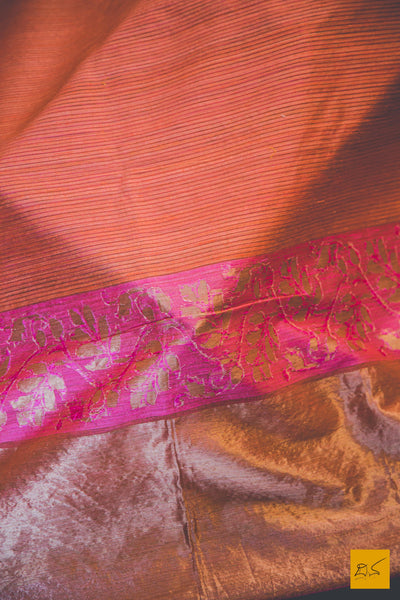 This is a gorgeous Banarasi Silk Saree with Woven Dupion silk stripes and a banarasi traditional pink border. New trend of Banarasi Saree designs, Banarasi Saree for artists, art lovers, architects, saree lovers, Saree connoisseurs, musicians, dancers, doctors, Banarasi silk saree, indian saree images, latest sarees with price, only saree images, new Banarasi saree design.