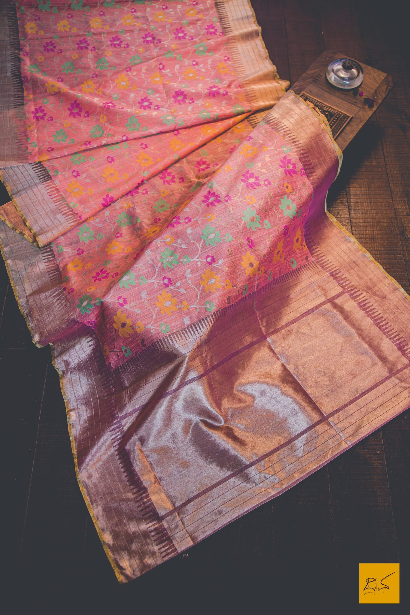 A lovely Banarasi tissue silk saree with tilfi buttas in yellow, pink and green. New trend of Banarasi Saree designs, Banarasi Saree for artists, art lovers, architects, saree lovers, Saree connoisseurs, musicians, dancers, doctors, Banarasi Katan silk saree, indian saree images, latest sarees with price, only saree images, new Banarasi saree design.
