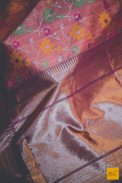 A lovely Banarasi tissue silk saree with tilfi buttas in yellow, pink and green. New trend of Banarasi Saree designs, Banarasi Saree for artists, art lovers, architects, saree lovers, Saree connoisseurs, musicians, dancers, doctors, Banarasi Katan silk saree, indian saree images, latest sarees with price, only saree images, new Banarasi saree design.