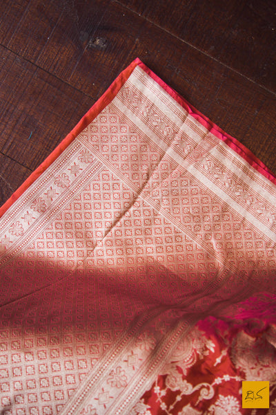 This is a beautiful katan silk banarasi sari with a red body and a unique zari jaal. New trend of Banarasi Saree designs, Banarasi Saree for artists, art lovers, architects, saree lovers, Saree connoisseurs, musicians, dancers, doctors, Banarasi Katan silk saree, indian saree images, latest sarees with price, only saree images, new Banarasi saree design.