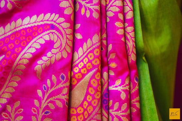 This is a gorgeous Banarasi silk handwoven Saree where the pink part has beautifully woven mango pattern zari work and it is in pure silk. The plain green part is of tussar silk. The blouse is in pink with woven border. New trend of Banarasi Saree designs, Banarasi Saree for artists, art lovers, architects, saree lovers, Saree connoisseurs, musicians, dancers, doctors, Banarasi silk saree, indian saree images, latest sarees with price, only saree images, new Banarasi saree design.