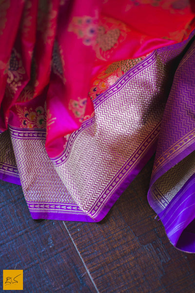 This is a gorgeous Banarasi silk handwoven Saree where the border is in purple colour. The pink part is of pure silk and buttas woven on it. The white part is of tussar silk in natural colour. The blouse is in purple with woven border. New trend of Banarasi Saree designs, Banarasi Saree for artists, art lovers, architects, saree lovers, Saree connoisseurs, musicians, dancers, doctors, Banarasi silk saree, indian saree images, latest sarees with price, only saree images, new Banarasi saree design.