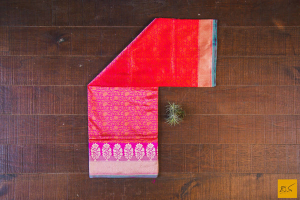 This is a gorgeous Banarasi silk Saree with pink body and has orange tanchoi work and the border has woven moghul motifs in kadhwa style. The blouse has intricately woven zari brocade work. New trend of Banarasi Saree designs, Banarasi Saree for artists, art lovers, architects, saree lovers, Saree connoisseurs, musicians, dancers, doctors, Banarasi silk saree, indian saree images, latest sarees with price, only saree images, new Banarasi saree design.