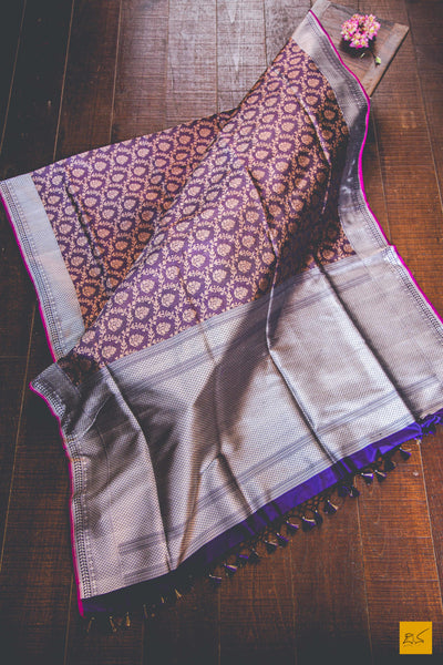 This is a gorgeous Banarasi katan silk handwoven Saree in a gorgeous shade of purple with zari motifs and jangla in an embossed weave. This Banarasi saree goes well for any formal occasions. New trend of Banarasi Saree designs, Banarasi Saree for artists, art lovers, architects, saree lovers, Saree connoisseurs, musicians, dancers, doctors, Banarasi silk saree, indian saree images, latest sarees with price, only saree images, new Banarasi saree design.