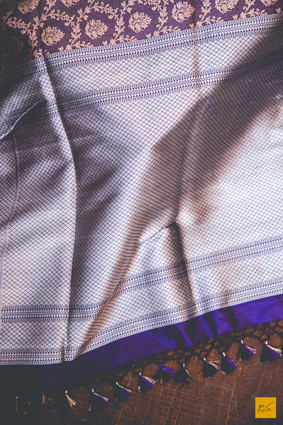 This is a gorgeous Banarasi katan silk handwoven Saree in a gorgeous shade of purple with zari motifs and jangla in an embossed weave. This Banarasi saree goes well for any formal occasions. New trend of Banarasi Saree designs, Banarasi Saree for artists, art lovers, architects, saree lovers, Saree connoisseurs, musicians, dancers, doctors, Banarasi silk saree, indian saree images, latest sarees with price, only saree images, new Banarasi saree design.