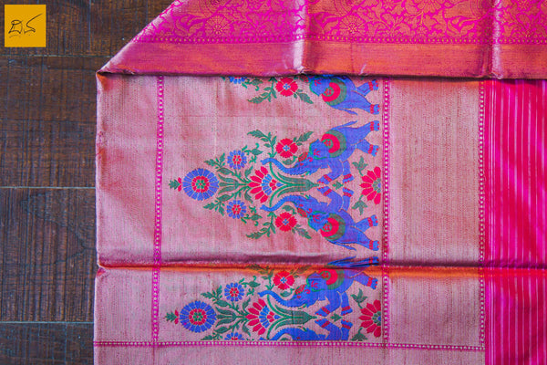 This is a gorgeous Banarasi silk Saree with with meenakari paithani pallu. The pallu is the highlight of the saree with the meena paithani work. The blouse is of magenta colour with woven border. New trend of Banarasi Saree designs, Banarasi Saree for artists, art lovers, architects, saree lovers, Saree connoisseurs, musicians, dancers, doctors, Banarasi silk saree, indian saree images, latest sarees with price, only saree images, new Banarasi saree design.