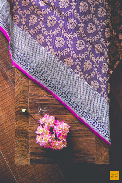This is a gorgeous Banarasi katan silk handwoven Saree in a gorgeous shade of purple with zari motifs and jangla in an embossed weave. This Banarasi saree goes well for any formal occasions. New trend of Banarasi Saree designs, Banarasi Saree for artists, art lovers, architects, saree lovers, Saree connoisseurs, musicians, dancers, doctors, Banarasi silk saree, indian saree images, latest sarees with price, only saree images, new Banarasi saree design.