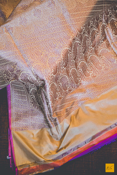 A beautiful banarasi katan silk handwoven sari with all over jaal with buttas. TheBeige Brown body gives a soothing definition to the saree. New trend of Banarasi Saree designs, Banarasi Saree for artists, art lovers, architects, saree lovers, Saree connoisseurs, musicians, dancers, doctors, Banarasi katan silk saree, indian saree images, latest sarees with price, only saree images, new Banarasi saree design.