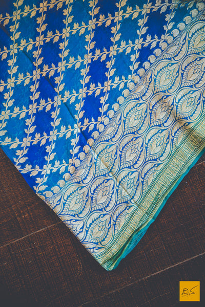 This wonderful Banarasi Georgette Saree consists of shades of Blue in this body. New trend of Banarasi Saree designs, Banarasi Saree for artists, art lovers, architects, saree lovers, Saree connoisseurs, musicians, dancers, doctors, Banarasi silk saree, indian saree images, latest sarees with price, only saree images, new Banarasi saree design.