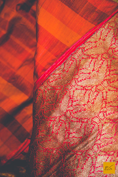 A magnificent banarasi tussar silk handwoven sari with orange and red body. New trend of Banarasi Saree designs, Banarasi Saree for artists, art lovers, architects, saree lovers, Saree connoisseurs, musicians, dancers, doctors, Banarasi Katan silk saree, indian saree images, latest sarees with price, only saree images, new Banarasi saree design.