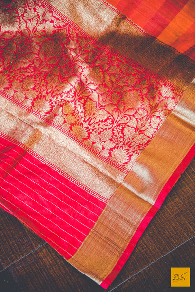 A magnificent banarasi tussar silk handwoven sari with orange and red body. New trend of Banarasi Saree designs, Banarasi Saree for artists, art lovers, architects, saree lovers, Saree connoisseurs, musicians, dancers, doctors, Banarasi Katan silk saree, indian saree images, latest sarees with price, only saree images, new Banarasi saree design.