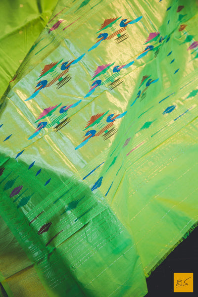 A lovely bright greenish yellow paithani cotton handwoven saree. New trend of Saree designs, Saree for artists, art lovers, architects, saree lovers, Saree connoisseurs, musicians, dancers, doctors, silk saree, indian saree images, latest sarees with price, only saree images, new saree design.