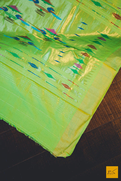 A lovely bright greenish yellow paithani cotton handwoven saree. New trend of Saree designs, Saree for artists, art lovers, architects, saree lovers, Saree connoisseurs, musicians, dancers, doctors, silk saree, indian saree images, latest sarees with price, only saree images, new saree design.