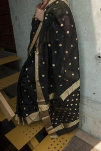 BLACK chanderi silk handwoven saree where the bootis are very intricately woven in one zari thread. It is known as eknaal zari. Best worn for cocktail party, informal , formal, latest design 2020, sarees designs, new trend sarees, indian sarees