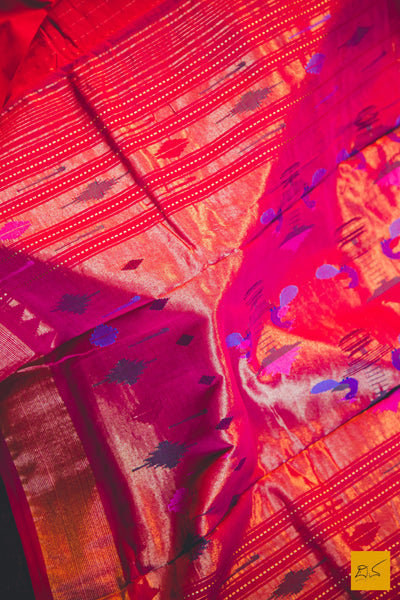 A lovely pink - orange paithani cotton handwoven saree. New trend of Saree designs, Saree for artists, art lovers, architects, saree lovers, Saree connoisseurs, musicians, dancers, doctors, silk saree, indian saree images, latest sarees with price, only saree images, new saree design.