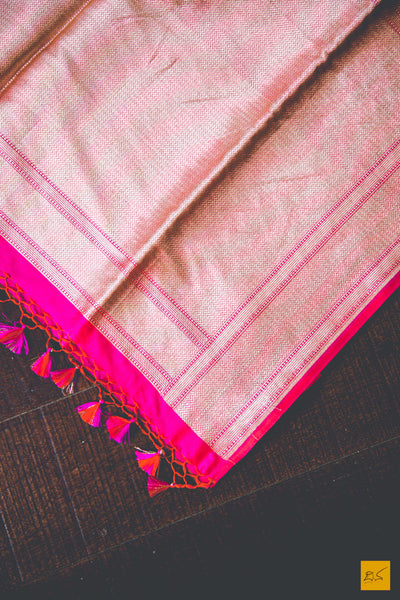 A beautiful katan silk banarasi handwoven sari with a pink and orange body. New trend of Banarasi Saree designs, Banarasi Saree for artists, art lovers, architects, saree lovers, Saree connoisseurs, musicians, dancers, doctors, Banarasi Katan silk saree, indian saree images, latest sarees with price, only saree images, new Banarasi saree design.