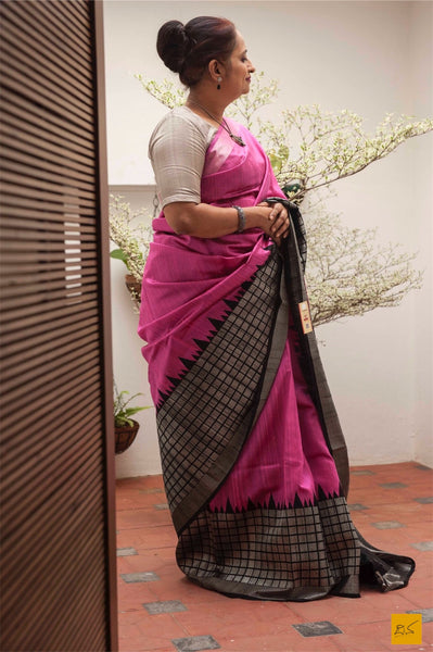 This is a gorgeous dupion silk handwoven Saree with pink and black body. New trend of Dupion Silk Saree designs,  Dupion Silk Saree for artists, art lovers, architects, saree lovers, Saree connoisseurs, musicians, dancers, doctors, Dupion Silk saree, indian saree images, latest sarees with price, only saree images, new Dupion Silk saree design.