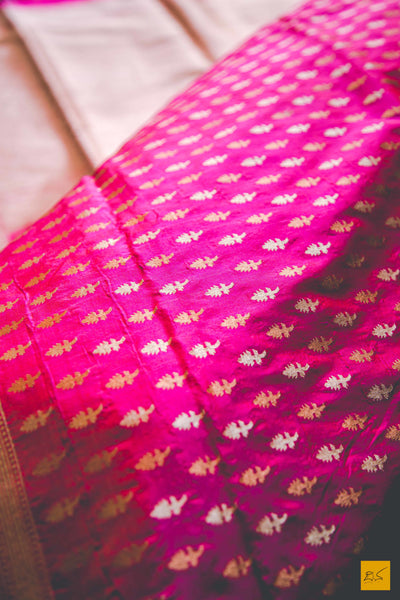 A beautiful katan silk banarasi handwoven sari with a pink and orange body. New trend of Banarasi Saree designs, Banarasi Saree for artists, art lovers, architects, saree lovers, Saree connoisseurs, musicians, dancers, doctors, Banarasi Katan silk saree, indian saree images, latest sarees with price, only saree images, new Banarasi saree design.