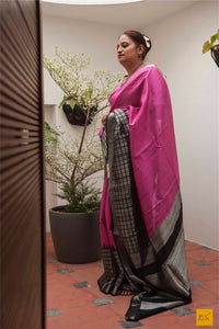 This is a gorgeous dupion silk handwoven Saree with pink and black body. New trend of Dupion Silk Saree designs,  Dupion Silk Saree for artists, art lovers, architects, saree lovers, Saree connoisseurs, musicians, dancers, doctors, Dupion Silk saree, indian saree images, latest sarees with price, only saree images, new Dupion Silk saree design.