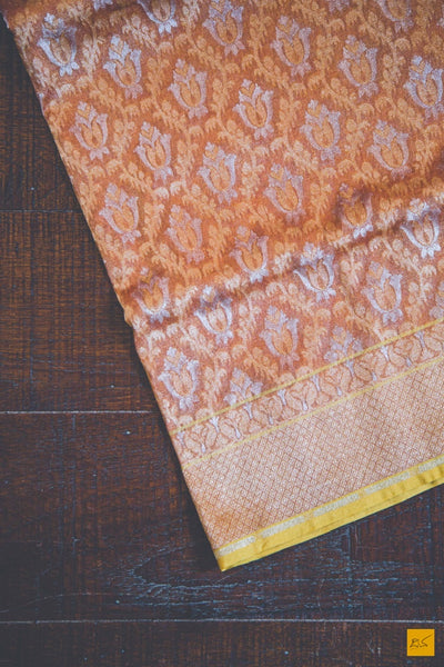 A lovely banarasi cotton tissue sari with a honey orange body and yellow selvedge. New trend of Banarasi Saree designs, Banarasi Saree for artists, art lovers, architects, saree lovers, Saree connoisseurs, musicians, dancers, doctors, Banarasi Katan silk saree, indian saree images, latest sarees with price, only saree images, new Banarasi saree design.