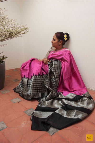 This is a gorgeous dupion silk handwoven Saree with pink and black body. New trend of Dupion Silk Saree designs,  Dupion Silk Saree for artists, art lovers, architects, saree lovers, Saree connoisseurs, musicians, dancers, doctors, Dupion Silk saree, indian saree images, latest sarees with price, only saree images, new Dupion Silk saree design.